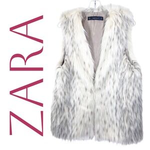 Zara Basic Snow Leopard Faux Fur Vest Long Hair Ivory Gray Winter Glam Size L